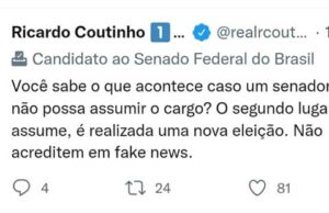 Desesperado, Ricardo Coutinho espalha fake news sobre nova eleição para o Senado